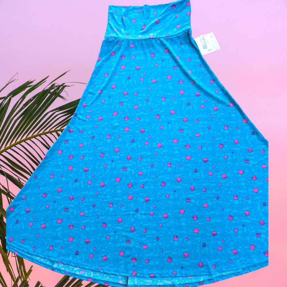 LLR Maxi Skirt XS Aqua Blue Pink Squares NWT